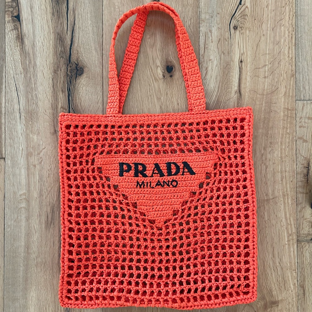 Brand new/never used - Prada Raffia Crochet Logo Embroidered Tote Bag Arancio